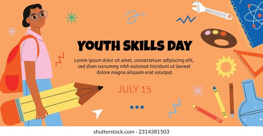 world youth skills day. (WYSD). world youth skills day celebration background. world youth skills day awareness. July 15. vector illustration. poster, banner, greeting card. young people with skills.