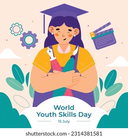 world youth skills day. (WYSD). world youth skills day celebration background. world youth skills day awareness. July 15. vector illustration. poster, banner, greeting card. young people with skills.