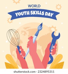 world youth skills day. (WYSD). world youth skills day celebration background. world youth skills day awareness. July 15. vector illustration. poster, banner, greeting card. young people with skills.