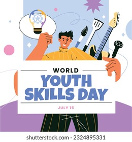 world youth skills day. (WYSD). world youth skills day celebration background. world youth skills day awareness. July 15. vector illustration. poster, banner, greeting card. young people with skills.