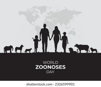 Día Mundial de las Zoonosis. 6 de julio.  enfermedades zoonóticas transmisibles de los animales a los seres humanos. pancarta, afiche, ilustración vectorial.