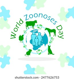 World Zoonoses Day event banner.  Illustrations of animals, viruses, humans and the earth on white background to commemorate on July 6th