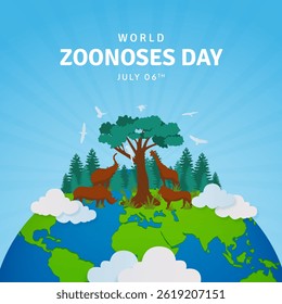 World Zoonoses Day July 06th with animal birds and globe illustration on sun burst background
