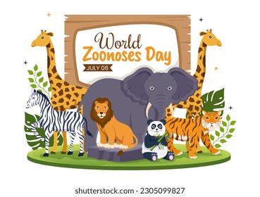 World Zoonoses Day Vector Illustration on 6 July with Family, Various Animals which is in the Forest in Kids Cartoon Hand Drawn Landing Page Templates