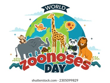 World Zoonoses Day Vector Illustration on 6 July with Family, Various Animals which is in the Forest in Kids Cartoon Hand Drawn Landing Page Templates