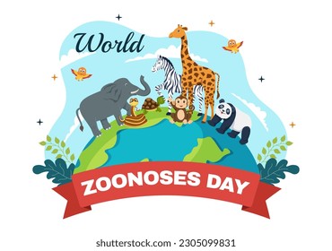 Ilustración de vectores del Día de las Zoonosis Mundiales el 6 de julio con la familia, varios animales que están en el bosque en niños caricaturas de mano dibujadas plantillas de páginas de aterrizaje