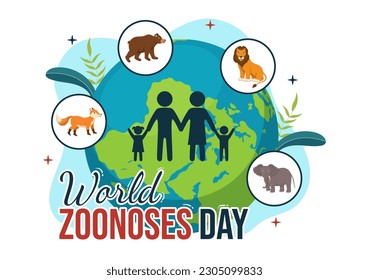 World Zoonoses Day Vector Illustration on 6 July with Family, Various Animals which is in the Forest in Kids Cartoon Hand Drawn Landing Page Templates