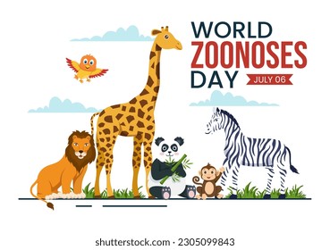 World Zoonoses Day Vector Illustration on 6 July with Family, Various Animals which is in the Forest in Kids Cartoon Hand Drawn Landing Page Templates