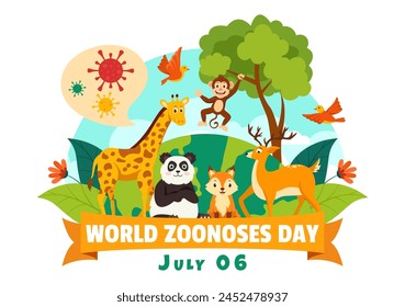 World Zoonoses Day Vector Illustration on 6 July with Various Animals and Plant which is in the Forest to Protect in Flat Cartoon Background Design
