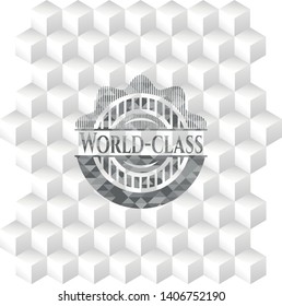 World-class grey badge with geometric cube white background