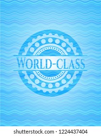 World-class light blue water badge background.