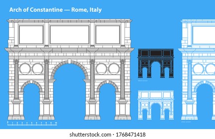 World-famous Arch of Constantine Greatest Landmarks of Rome, Italy. Linear vector icon for Tourist attractions of historic Roman Empire heritage. Historic buildings from the streets of Rome, outline.