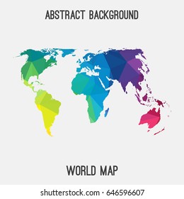 World,international map in geometric polygonal,mosaic style in rainbow colors.Abstract tessellation,modern design background,low poly. Vector illustration.