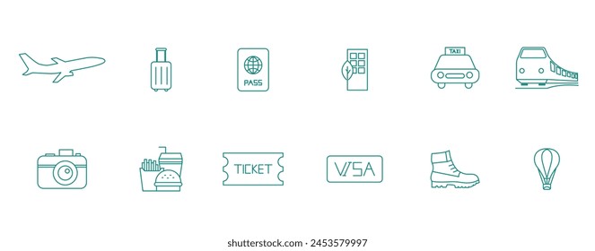 Worldly Wanderlust: Airplane, Suitcase, Passport, Hotel, Car, Train, Camera, Food, Ticket, Visa, Boot, Air Balloon Vector Icons