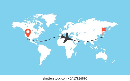 Worldmap with airplane trace vector illustration. Aircraft track path on map, plane route line. Blank white planet Earth map isolated on blue background.