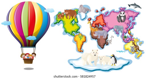 Worldmap with animals and balloon riding illustration