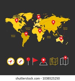 Worldmap - Collection of modern location equipment design on world map, map placeholder, location tag, pointer sign icons for website, application interface, or markers on maps. Vector illustration.