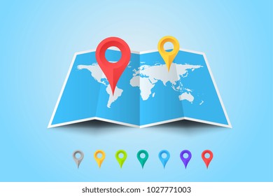 Worldmap With Set Of Multicolored Map Pointers. Vector Template For Your Modern Design.