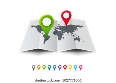 Worldmap With Set Of Multicolored Map Pointers. Vector Template For Your Modern Design.