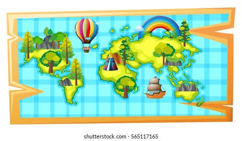 Worldmap with ship and balloon illustration
