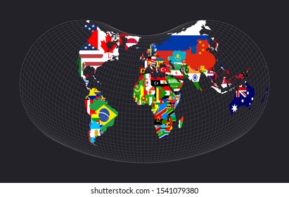 Worldmap withall countries and their flags. Hill eucyclic projection. Map of the world with meridians on dark background. Vector illustration.