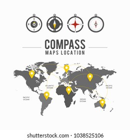 Worldmap with yellow pointers location tag, route design and modern compass collection for website, application interface, or markers on maps. Vector illustration.