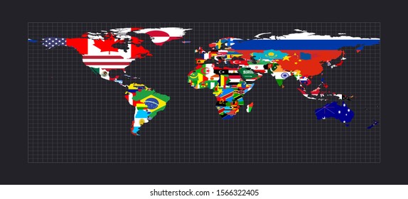 Worldmapwith flags of each country. Equirectangular (plate carree) projection. Map of the world with meridians on dark background. Vector illustration.