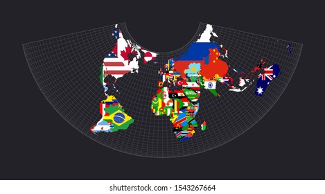 Worldmapwithallcountries andtheirflags. Albers conic equal-area projection. Map of the world with meridians on dark background. Vector illustration.