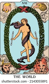 the world.Rider Tarot.major arcana.In the hands of a woman are two wands - symbols of wisdom and love.