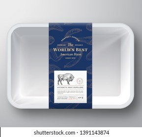 Worlds Best Bison Abstract Vector Plastic Tray Container Cover. Premium Meat Packaging Design Label Layout. Hand Drawn Buffalo Bull, Steak, Sausage, Wings and Legs Sketch Pattern Background. Isolated.