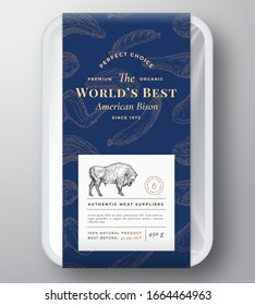 Worlds Best Bison Abstract Vector Plastic Tray Container Cover. Premium Meat Vertical Packaging Design Label Layout. Drawn Buffalo, Steak, Sausage, Wings and Legs Sketch Pattern Background. Isolated.