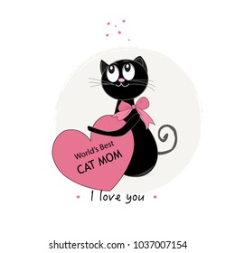 World's best black cat mom. Mother's day greeting card with cat and heart