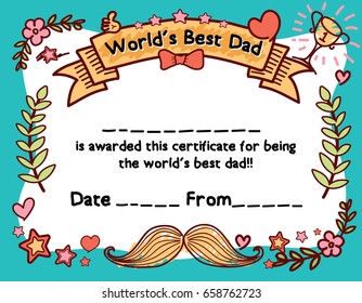 World's Best Dad Award Certificate Template For Father's Day. Hand draw