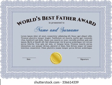 World's Best Dad Award. With guilloche pattern. Detailed.Sophisticated design. 