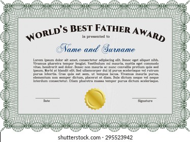 World's Best Father Award Template. With great quality guilloche pattern. Border, frame.Lovely design. 