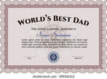World's Best Father Award Template. With guilloche pattern. Complex design. Border, frame.