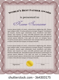 World's Best Father Award Template. Border, frame.Artistry design. Easy to print. 