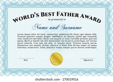 World's best father certificate award. Sky blue color, with gold seal
