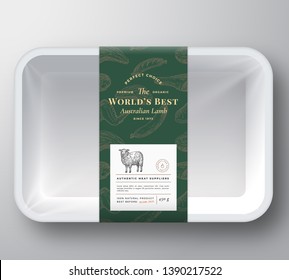 Worlds Best Lamb Abstract Vector Plastic Tray Container Cover. Premium Meat Packaging Design Label Layout. Hand Drawn Sheep, Steak, Sausage, Wings and Legs Sketch Pattern Background. Isolated.