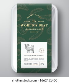 Worlds Best Lamb Abstract Vector Plastic Tray Container Cover. Premium Meat Vertical Packaging Design Label Layout. Hand Drawn Sheep, Steak, Sausage, Wings and Legs Sketch Pattern Background. Isolated