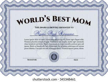 World's Best Mom Award. Complex design. With background. Border, frame.