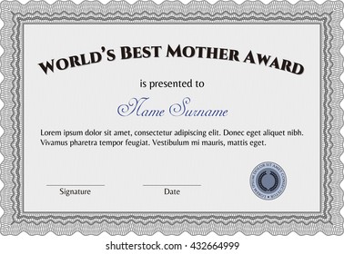 World's Best Mom Award. Complex design. Printer friendly. Detailed. 