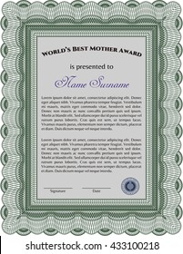 World's Best Mom Award. Complex design. Printer friendly. Detailed. 