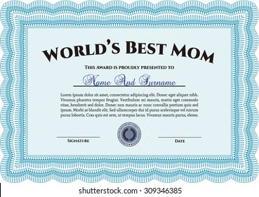 World's Best Mom Award. Detailed.Complex design. With great quality guilloche pattern. 
