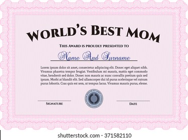 World's Best Mom Award. With guilloche pattern and background. Excellent complex design. Detailed.