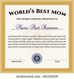 World's Best Mom Award. Printer friendly. Complex design. Detailed. 