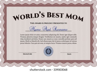 World's Best Mom Award. Retro design. Vector illustration.With guilloche pattern and background. 