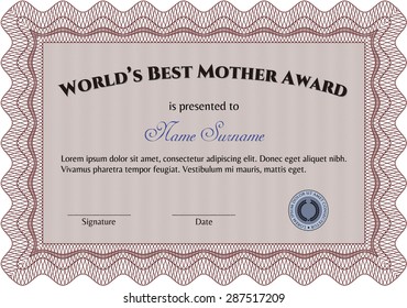 World's Best Mom Award Template. Complex background. Detailed.Nice design. 