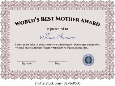 World's Best Mom Award Template. With background. Border, frame.Nice design. 