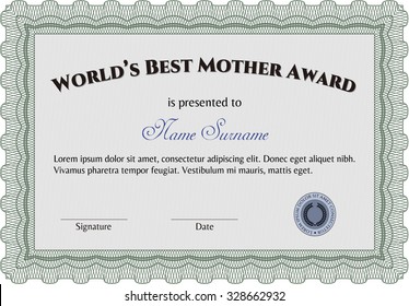 World's Best Mom Award Template. Complex design. With guilloche pattern and background. Vector illustration.